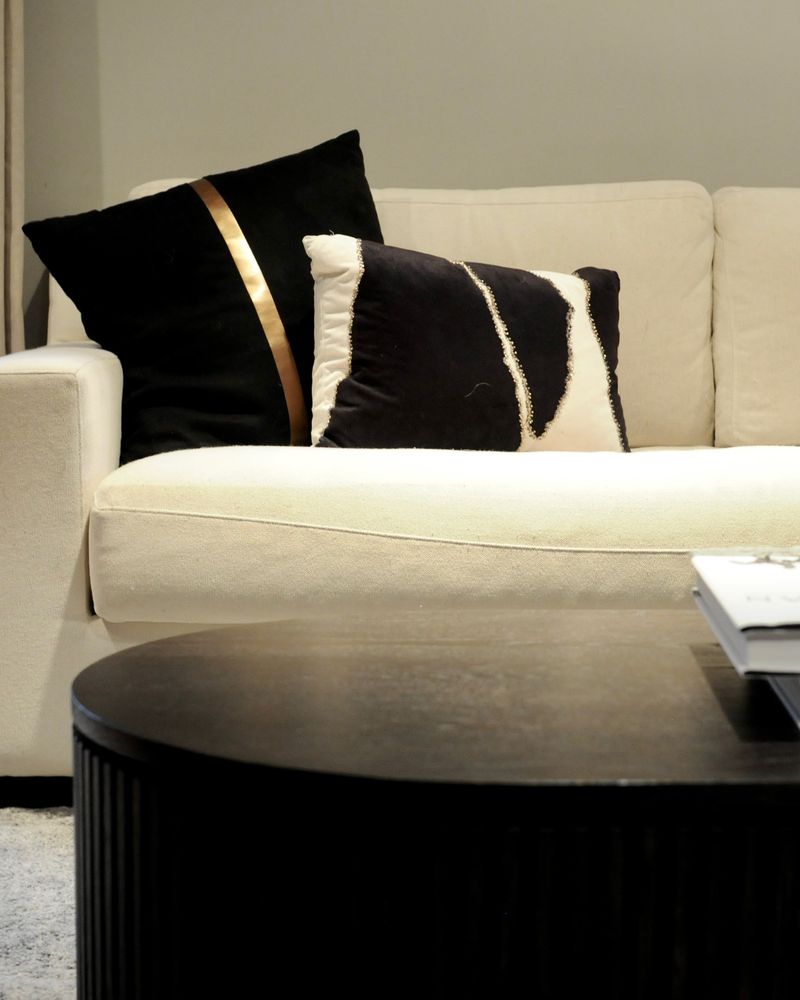 Black and ivory pillows on a cream sofa behind a fluted black coffee table stacked with books